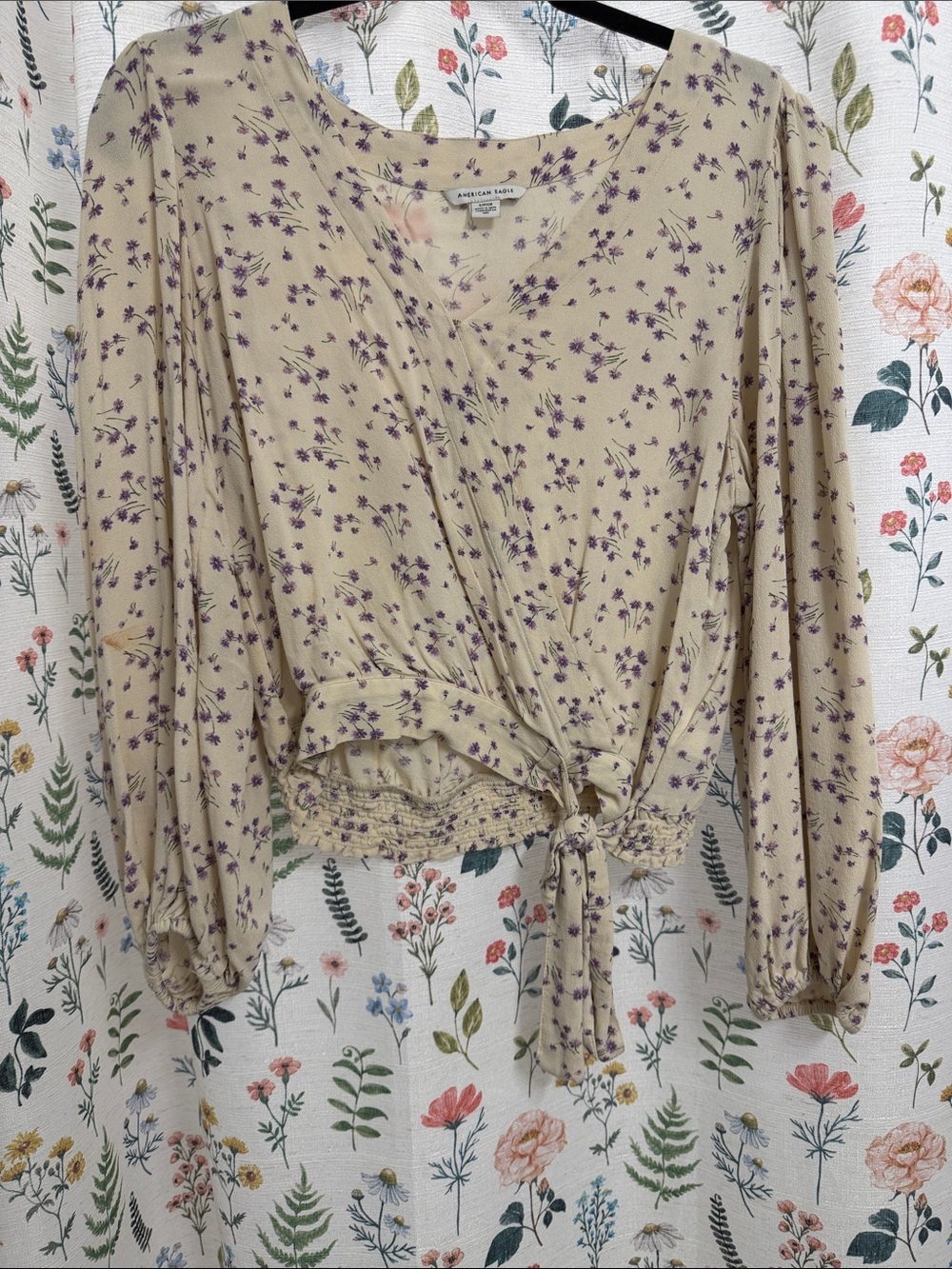 American Eagle Outfitters Cream Blouse with Purple Floral Tie-Front